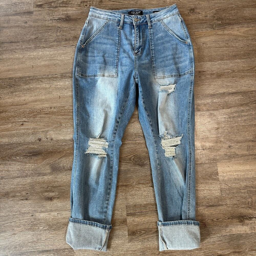 Judy Blue Boyfriend Patch Pocket & Destroy Jeans Size 14w High Rise Distressed